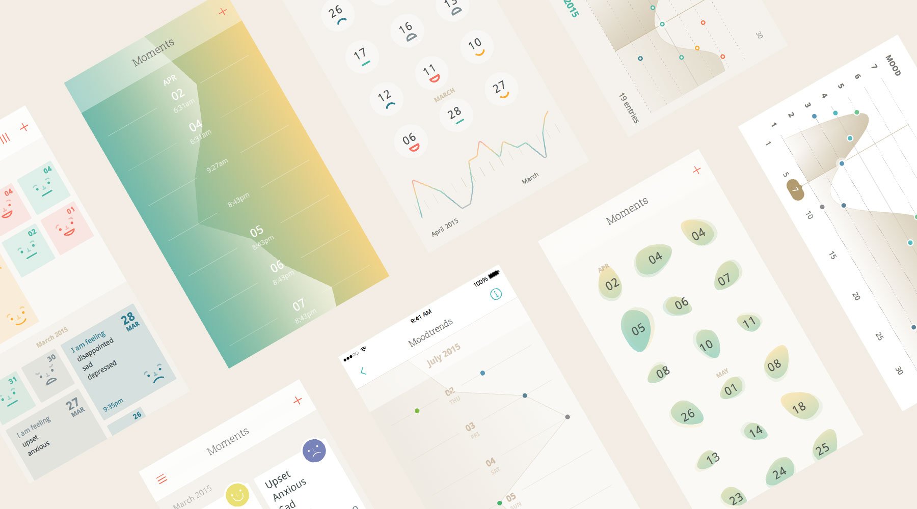 Three screens of Moodnotes App