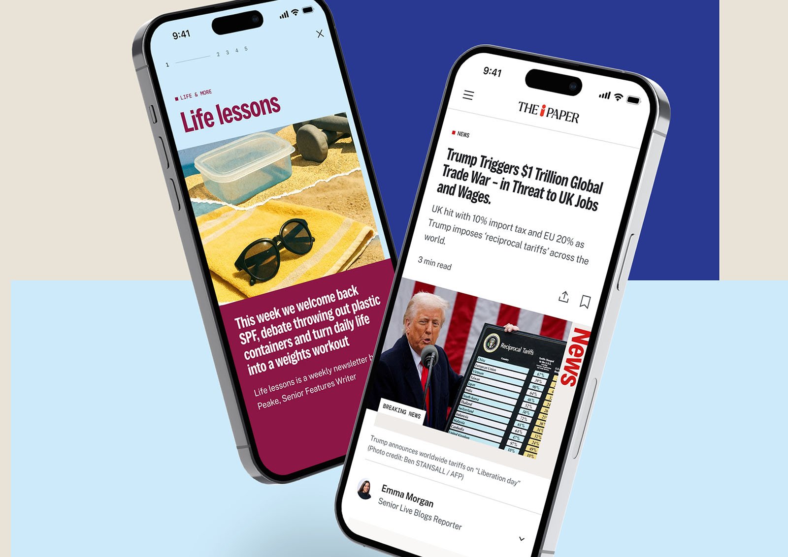 Two phones showing the i Paper app